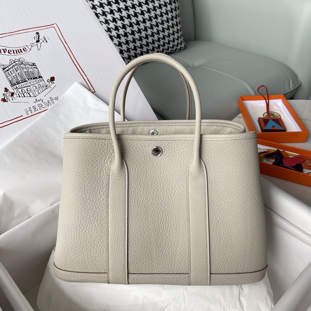 Hermes Garden Party 30cm Tote Handbag In Pearl Grey Clemence Leather